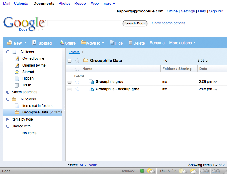Google Documents account page showing two Grocophile backup files