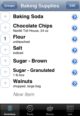 inventory item list showing one item added